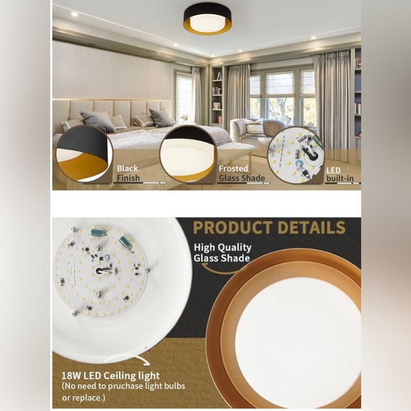 14" Bedroom Ceiling Light 3000K Dimmable Flush Mount Lamp w/ Frosted Glass NEW - Picture 3 of 10